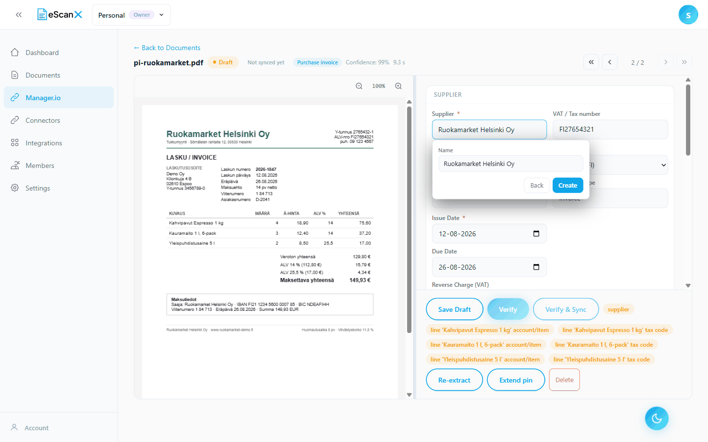 Creating a new supplier from the picker